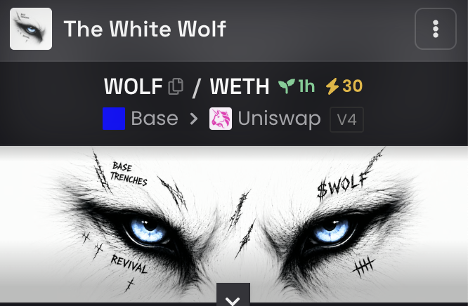 The image shows a trading pair screen for "WOLF/WETH" on Uniswap V4 via Base, displaying 1-hour gains of 30%, alongside a striking illustration of a white wolf's piercing blue eyes with tattoos reading "BASE TRENCHES," "$WOLF," and "REVIVAL." This visual reinforces the post's enthusiasm for aping into $WOLF as a potential runner on the Base chain, away from Solana.
