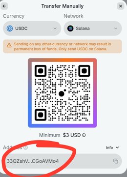 A 'Transfer Manually' screen showing a QR code and a Solana wallet address (33QZshV...CGoAVMo4, circled in red) for sending USDC.