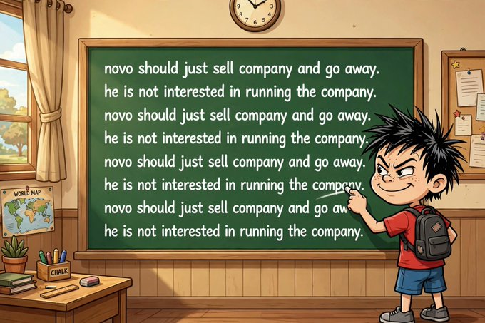 An illustration of a cartoon boy at a chalkboard repeating the message 'novo should just sell company and go away. he is not interested in running the company.'