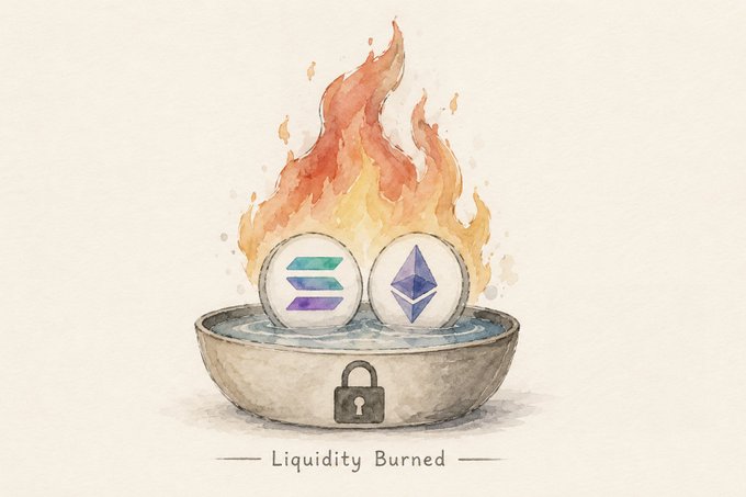 A watercolor illustration of a locked bowl with flames rising above it, containing crypto coins (Solana and Ethereum logos) sitting in liquid, with the text 'Liquidity Burned' below.