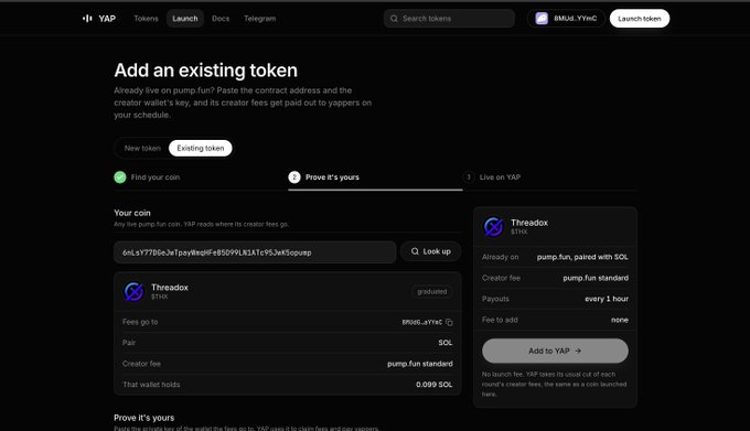 A screenshot of the YAP platform's 'Add an existing token' page showing the Threadox $THX token with steps to 'Find your coin', 'Prove it's yours', and 'Live on YAP'.