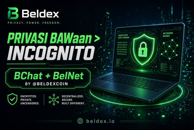 A promotional banner for 'Beldex' (beldex.io) advertising 'Privasi Bawaan Incognito' with BChat + BelNet by @BeldexCoin, emphasizing encryption and decentralization.