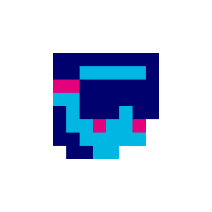 A pixel-art style skull icon composed of dark blue, cyan, and pink rectangular blocks on a white background.