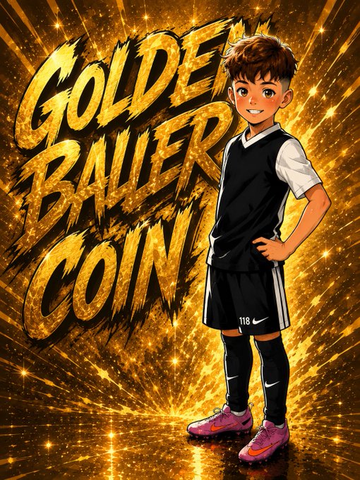 An anime-style illustration of a young boy in a black and white soccer uniform with pink cleats, standing confidently in front of a sparkling gold background with text 'GOLDEN BALLER COIN'.