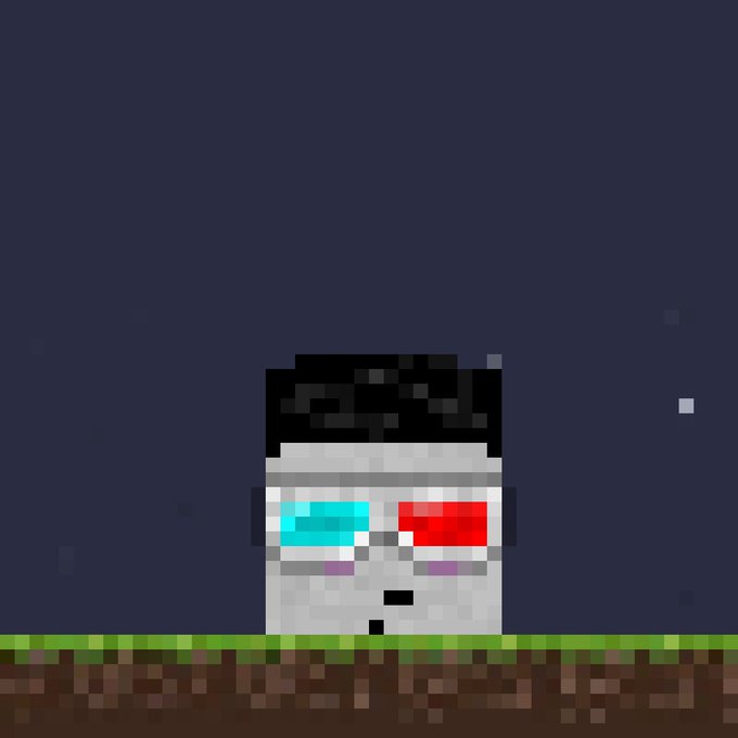 A pixel art image of a white, blocky character with glowing cyan and red eyes peeking over grass against a dark night sky.