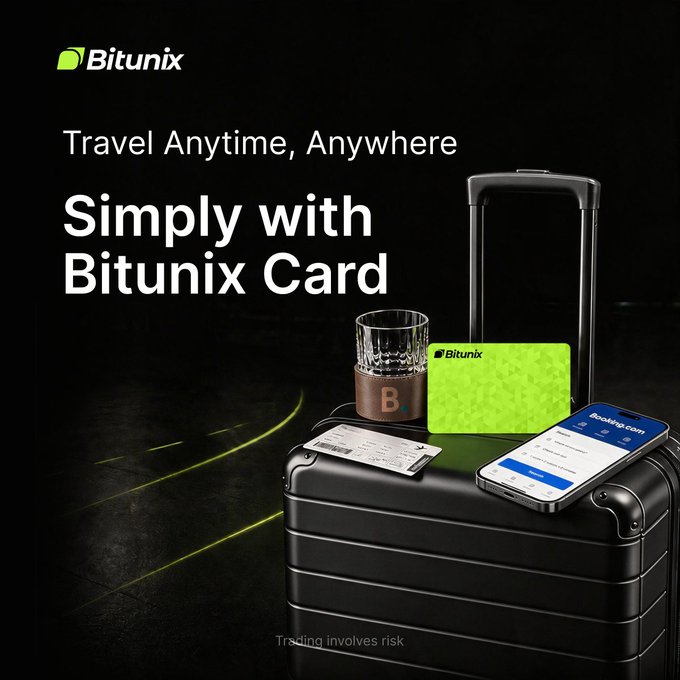 A Bitunix promotional graphic with the headline "Travel Anytime, Anywhere Simply with Bitunix Card" displays a black suitcase topped with a green Bitunix card, a glass with "B" etched on it, a boarding pass, and a smartphone showing the Booking.com app, reinforcing the post's message about using the Bitunix Card for seamless travel bookings and boarding.