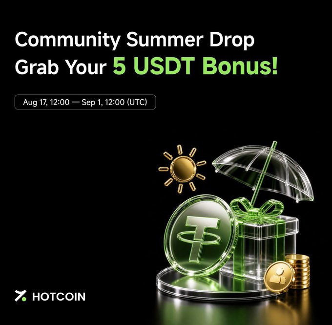A promotional graphic for Hotcoin's "Community Summer Drop" campaign, featuring a glowing green USDT coin, a glass gift box with an umbrella, and a gold sun icon, advertising a 5 USDT bonus available from August 17 to September 1 (UTC) for new users who complete a three-step sign-up process.