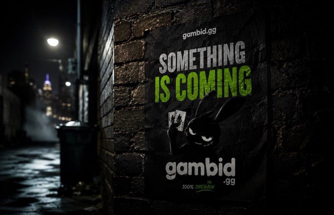 A promotional poster on a brick alley wall at night advertises 'gambid.gg' with the bold green text 'SOMETHING IS COMING' alongside a dark bunny character holding playing cards.