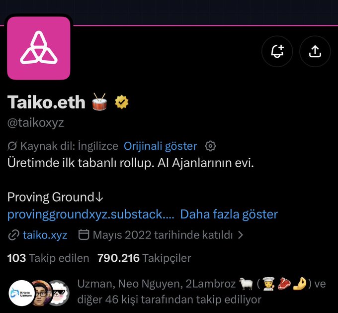 A screenshot of the Twitter profile for **Taiko.eth** (@taikoxyz), an Ethereum-based rollup project described as "AI Ajanlarının evi" (Home of AI Agents), with 790.2K followers and 103 following. The profile relates to the post referencing a $1K buyout offer for the Taiko chain mockingly based on its $0.82 daily revenue, mocking the project's perceived low value.