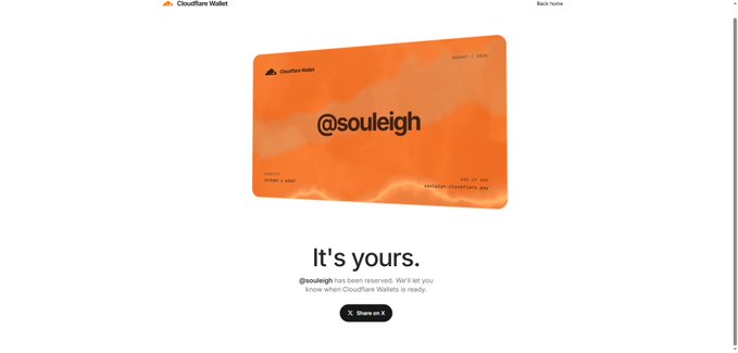A screenshot from Cloudflare Wallet displays an orange digital card with the username '@souleigh' and the message 'It's yours.'