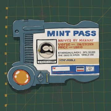 A blue enamel pin shaped like a vintage camera labeled 'MINT PASS' by 2 MONA X CORBI, showing an Ethereum logo and details including 'VERSE — 08/27/2026' and 'PRICE — USD10'.