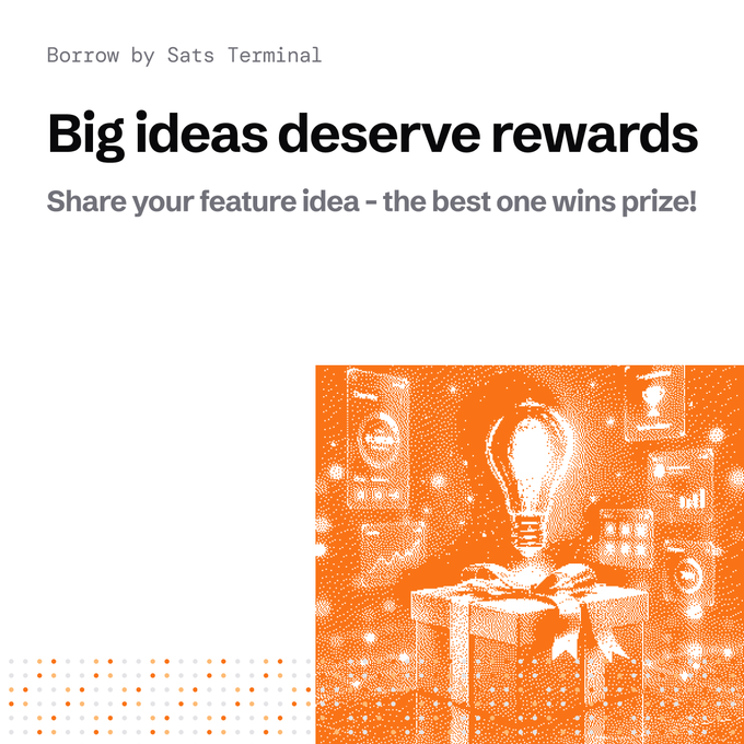 This image from Sats Terminal, featuring a lightbulb emerging from a gift box surrounded by app icons, visually represents the "Big ideas deserve rewards" call for feature suggestions in their mobile app. It emphasizes that good ideas will be rewarded.