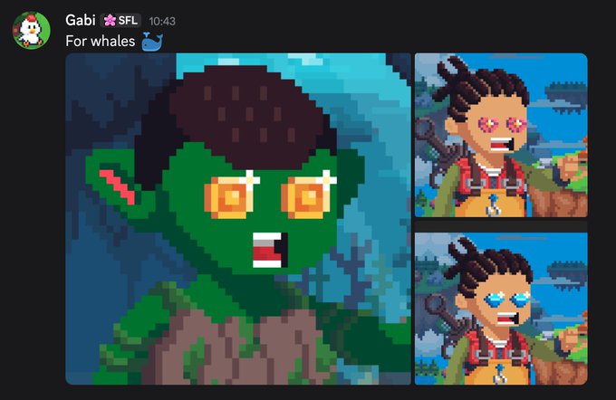 A Discord post by Gabi titled "For whales" shows three pixel art character portraits: a large green-skinned creature with brown hair and square orange glasses, alongside two smaller images of a character with dreadlocks and red eyes holding a guitar. The images likely showcase new pixel art NFT character designs from @birborbirb_, possibly teasing upcoming drops targeted at high-value collectors ("whales").