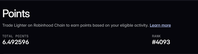 A screenshot of a Robinhood Chain 'Points' dashboard showing total points of 6.492596 and a rank of #4093 for trading Lighter on Robinhood Chain.