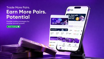 A promotional banner for FQL Exchange featuring the tagline "Trade More Pairs. Earn More Pairs. Potential" alongside a smartphone displaying the trading app interface, set against a purple background with stacks of cash, reinforcing the post's message about staying stable amid fast-moving markets.