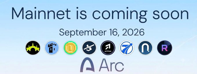 An announcement graphic reading "Mainnet is coming soon, September 16, 2026" with the "Arc" logo and eight cryptocurrency icons below.