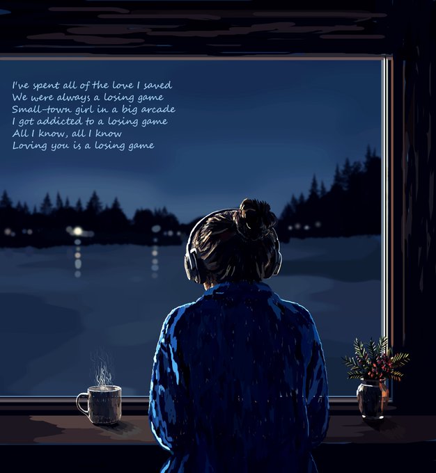 A digital illustration shows a person with a bun and headphones sitting by a window at night, with the lyrics "Loving you is a losing game" inscribed in the sky, while a steaming mug and a small vase of flowers sit on the windowsill. The post celebrates the near-complete sale of this melancholic, nostalgic artwork, with the artist's note confirming "Only 1 edition left" after a collector purchased their piece.