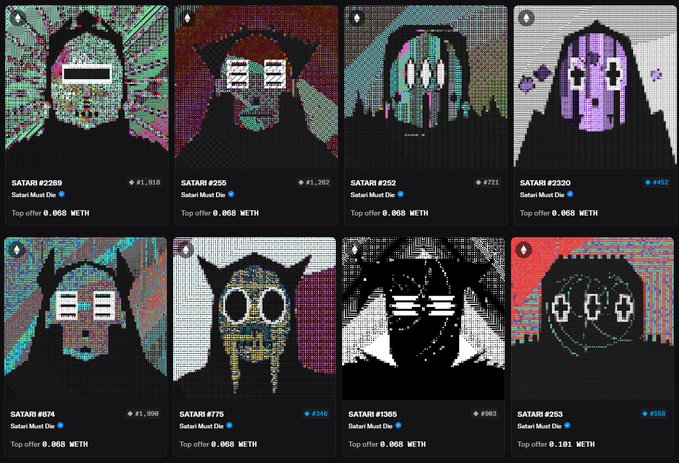 A grid of eight pixelated NFT artwork pieces from the SATARI collection (numbered #2289, #255, #252, #2320, #674, #775, #1365, #253), all featuring stylized hooded figures with various color schemes and top offers in ETH.