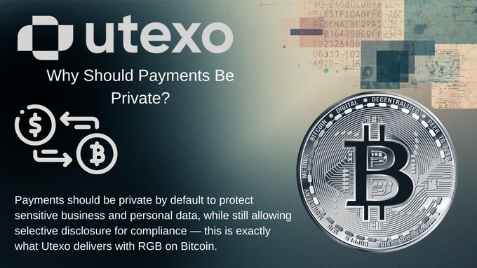 An infographic for 'Utexo' with the heading 'Why Should Payments Be Private?', showing icons of currency conversion to Bitcoin and text explaining private payments on the Bitcoin network.
