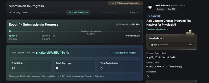 A screenshot of the Axis Robotics content creator program dashboard showing a submission in progress for Epoch 1, with referral tracking stats and a Katarlist Pre-TGE campaign panel.