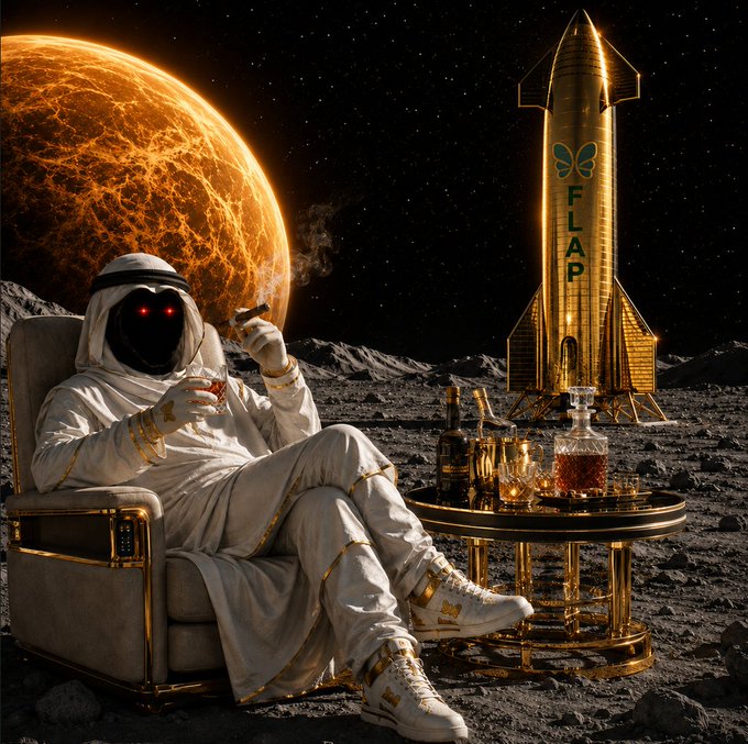A shadowy figure in a white and gold spacesuit lounges in a luxuriously ornate chair on the lunar surface, smoking a cigar and sipping a drink beside a gold round table set with bottles and decanters, with a golden rocket labeled "FLAP" (featuring a butterfly logo) and a fiery planet in the background—imagery evoking the opulent, optimistic "Venus → Chill → Gold" sentiments of the post celebrating small-cap crypto market cap milestones.