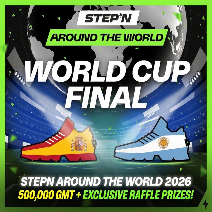 A promotional poster for 'STEPN AROUND THE WORLD WORLD CUP FINAL' features soccer cleats designed with the flags of Spain and Argentina, advertising '500,000 GMT + EXCLUSIVE RAFFLE PRIZES!'
