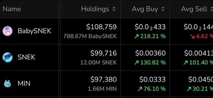 Crypto portfolio table listing holdings for BabySNEK ($108,759, +218.21%), SNEK ($99,716, +130.82%), and MIN ($97,380, +76.10%), with average buy/sell prices.