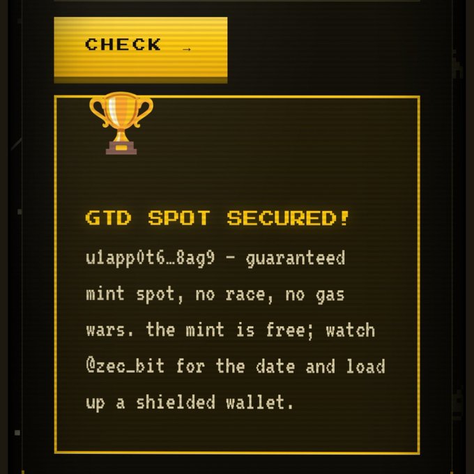 A digital graphic with a gold trophy icon displays the text "GTD SPOT SECURED!" along with details for a guaranteed mint spot for a specific token address, mentioning @zec_bit.