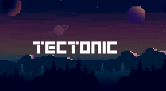 The word 'TECTONIC' is displayed in pixelated white text against a dark purple and blue pixel-art landscape with two moons.