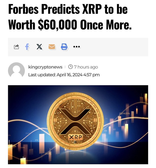 A news article headline claiming 'Forbes Predicts XRP to be Worth $60,000 Once More' from kingcryptonews, featuring an image of a gold XRP coin over a stock chart background.