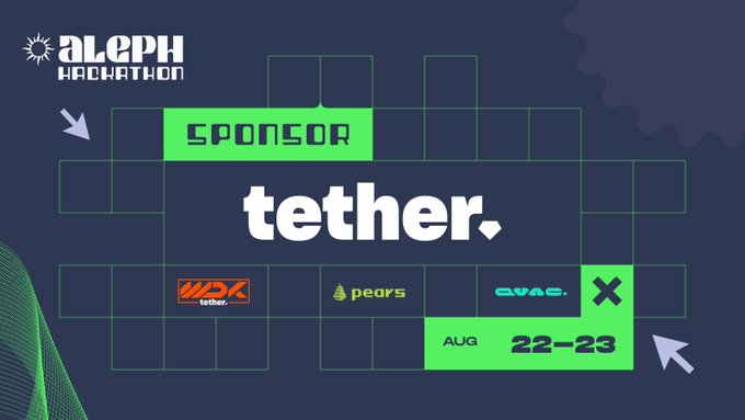 Promotional graphic for the Aleph Hackathon featuring sponsor Tether, with dates Aug 22-23 and partner logos including WDK, Pears, and Cvac.