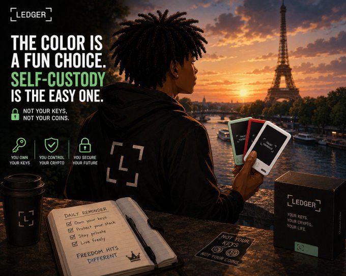 A young person stands before the Eiffel Tower at sunset, holding Ledger hardware wallets in multiple colors (blue, red, and white), alongside a notebook titled "Daily Reminder" listing "Freedom Hits Different" and a Ledger branded box. The image's tagline "The color is a fun choice. Self-custody is the easy one" reinforces the post's message about prioritizing crypto ownership over aesthetics.