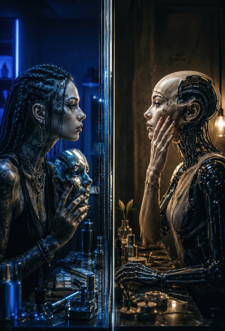 A woman with dark hair and tattoos looks at her own reflection in a mirror, but the reflection shows a humanoid robot with exposed mechanical parts instead of her face.