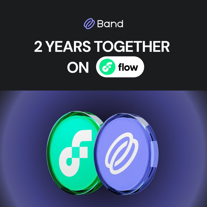 An anniversary graphic reading '2 YEARS TOGETHER ON flow' featuring the Band and Flow logos as 3D coins against a purple background.
