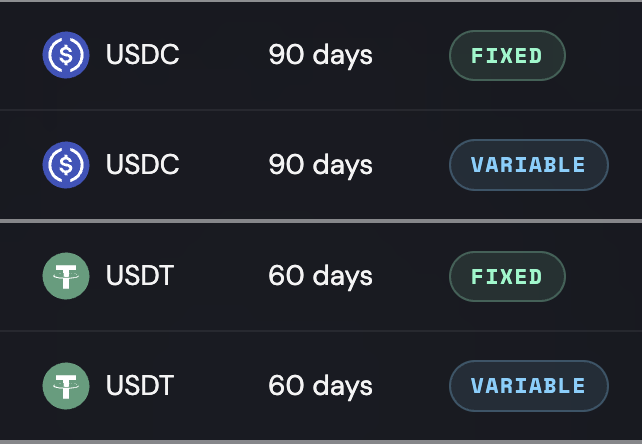 A cryptocurrency investment interface displays staking options for USDC (90 days, both Fixed and Variable) and USDT (60 days, both Fixed and Variable) against a dark background.