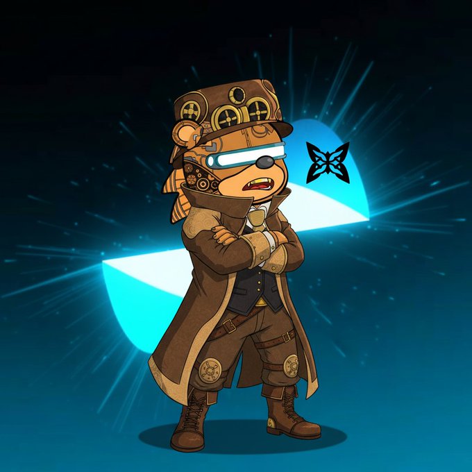 The image depicts a cartoon bear wearing a brown suit, hat, and boots standing against a blue background with a white door behind him. The bear has its arms crossed over its chest and appears to be posing for the camera. The caption of the image reads "Good night quip fam Just wrapped up my daily test run on quip network Account setup felt natural and quick No forks or asset moves needed here The quantum resistant features give real peace of mind Loved the fresh alpha from that quantum report today It is sparking ideas on".