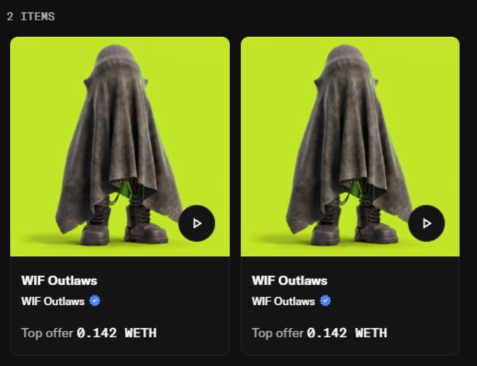 Two identical 'WIF Outlaws' NFT cloaked characters are displayed on the OpenSea marketplace, each with a top offer of 0.142 WETH.
