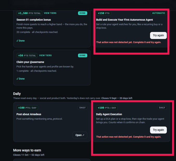 A points/quests dashboard highlighting two incomplete challenges in red boxes: 'Build and Execute Your First Autonomous Agent' (+150 pts) and 'Daily Agent Execution' (+100 pts/day), both showing 'That action was not detected yet. Complete it and try again.' messages.