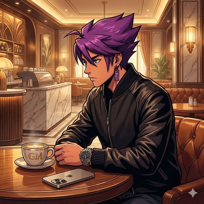 An anime-style illustration of a purple-haired young man in a black leather jacket sitting at a cafe table with a 'GM' coffee cup and a smartphone.