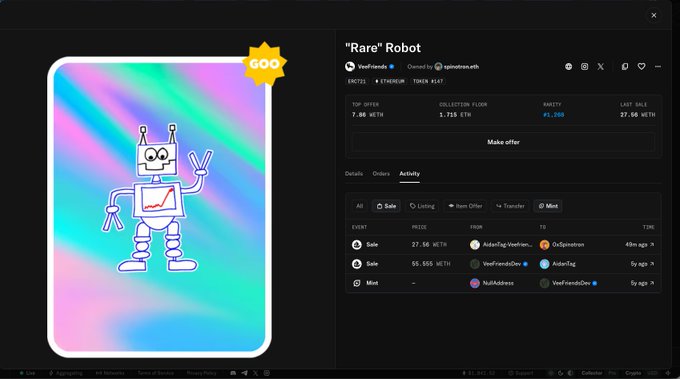 An NFT marketplace listing for 'Rare' Robot showing a white robot character with antennae giving a peace sign against a holographic background, with a top offer of 7.86 WETH.