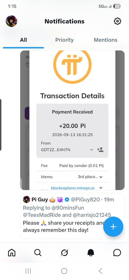 A mobile app screenshot showing a Pi Network notification for a +20.00 Pi payment received, dated 2026-09-13, from account GDT2Z...E4N7N with memo '3rd place...'.