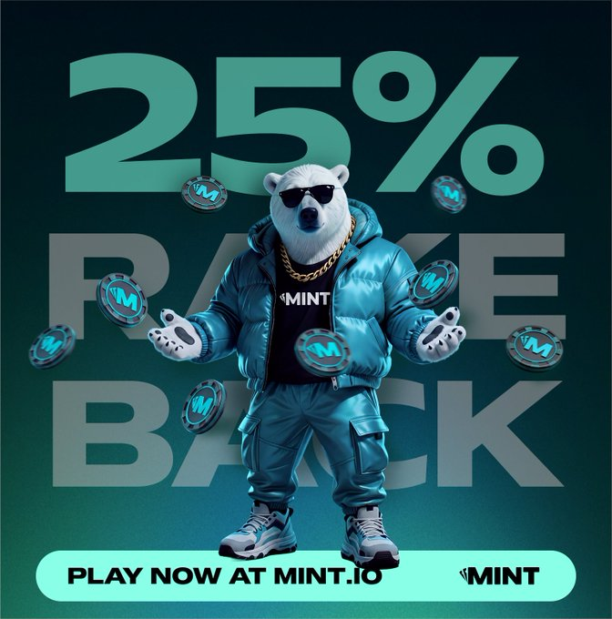 The image promotes a 25% Rakeback offer from MINT, featuring an anthropomorphic polar bear wearing sunglasses, a gold chain, and a blue puffer jacket, surrounded by floating MINT-branded poker chips. Bold teal text reads "25% RAKE BACK" with a call-to-action button at the bottom directing viewers to "PLAY NOW AT MINT.IO." The promotional graphic visually reinforces the post's highlight of PlayOnMint's short-term, high-value rebate incentive as an alternative to traditional DeFi/GameFi airdrop-vs-cashback dilemmas.