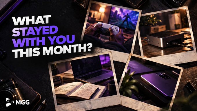 The image is a styled promotional graphic featuring the bold text "WHAT STAYED WITH YOU THIS MONTH?" alongside a polaroid-style collage showcasing gaming setups, a controller, tech products, and books, with the "MGG" logo in the corner. It visually reinforces the post's call-to-action by inviting followers to share personal highlights from September, tying the curated imagery of gaming, learning, and tech to themes of Web3, GameFi, and the MGG community.