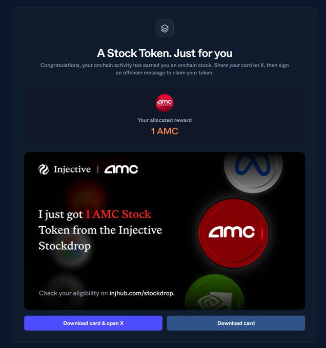 A promotional screenshot for an Injective AMC stock token giveaway, displaying '1 AMC' as the allocated reward and instructions to check eligibility at injhub.com/stockdrop.
