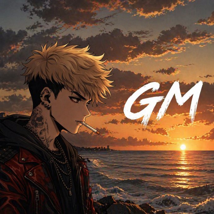 An anime-style drawing of a blonde-haired, tattooed young man smoking a cigarette at sunset by the ocean, with the text 'GM' in large white brushstrokes.