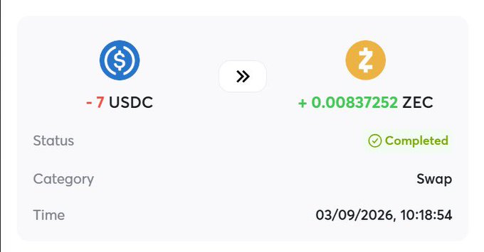 A completed swap transaction showing the exchange of -7 USDC for +0.00837252 ZEC, categorized as a "Swap" on 03/09/2026 at 10:18:54, illustrating step 3 of the tutorial for converting crypto to ZEC for gas on cwallet.