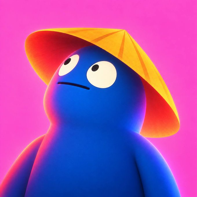 A 3D-rendered blue blob-like character wearing a yellow/orange conical hat with a wide brim against a bright pink background.
