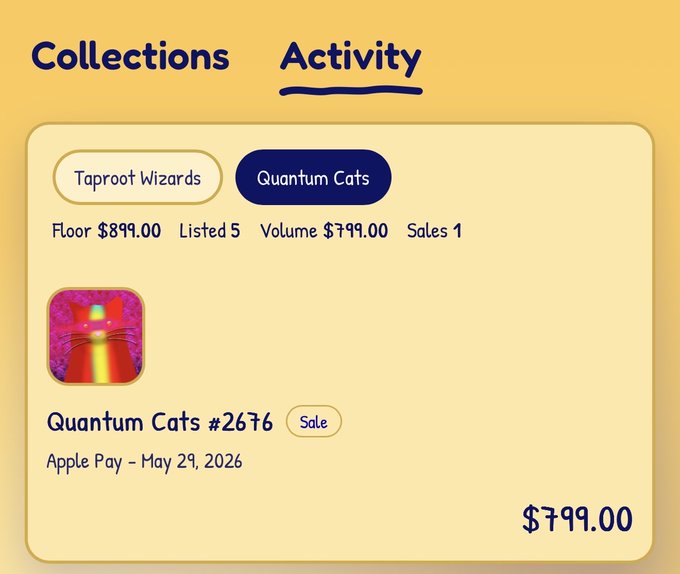 The image shows a screenshot of an online store page for Quantum Cats #2666, which is selling for $79.00. The website displays that the sale has been confirmed at May 25, 2026 with a payment due date of May 26, 2026.
