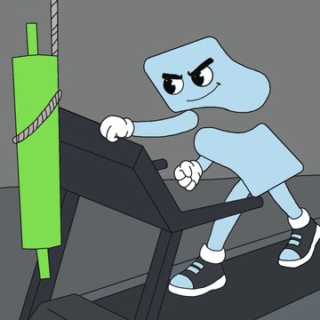 A cartoon drawing of an angry, light blue character aggressively pushing a treadmill while a green punching bag hangs nearby.