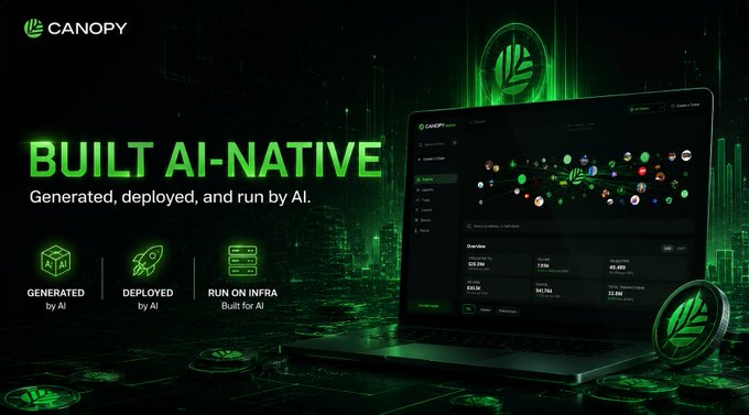 A sleek dark-themed promotional graphic for Canopy (CNPY) featuring a laptop displaying an analytics dashboard with the bold tagline "BUILT AI-NATIVE" and "Generated, deployed, and run by AI." The image showcases three key icons labeled "GENERATED by AI," "DEPLOYED by AI," and "RUN ON INFRA Built for AI," visually reinforcing Canopy's positioning as an L1 blockchain built from the ground up for AI-native applications.